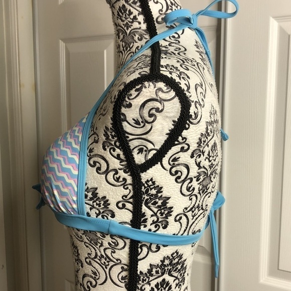 Aerie Bikini Top Blue Pink Bikini Top Padded Push Up Neck Back Ties M - Picture 3 of 6